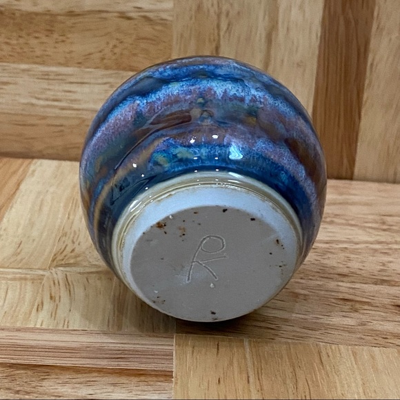 Vintage Blue/Brown Stripe Wave Glazed Ceramic Pottery 3.5” Mini Bud Vase - Picture 7 of 10